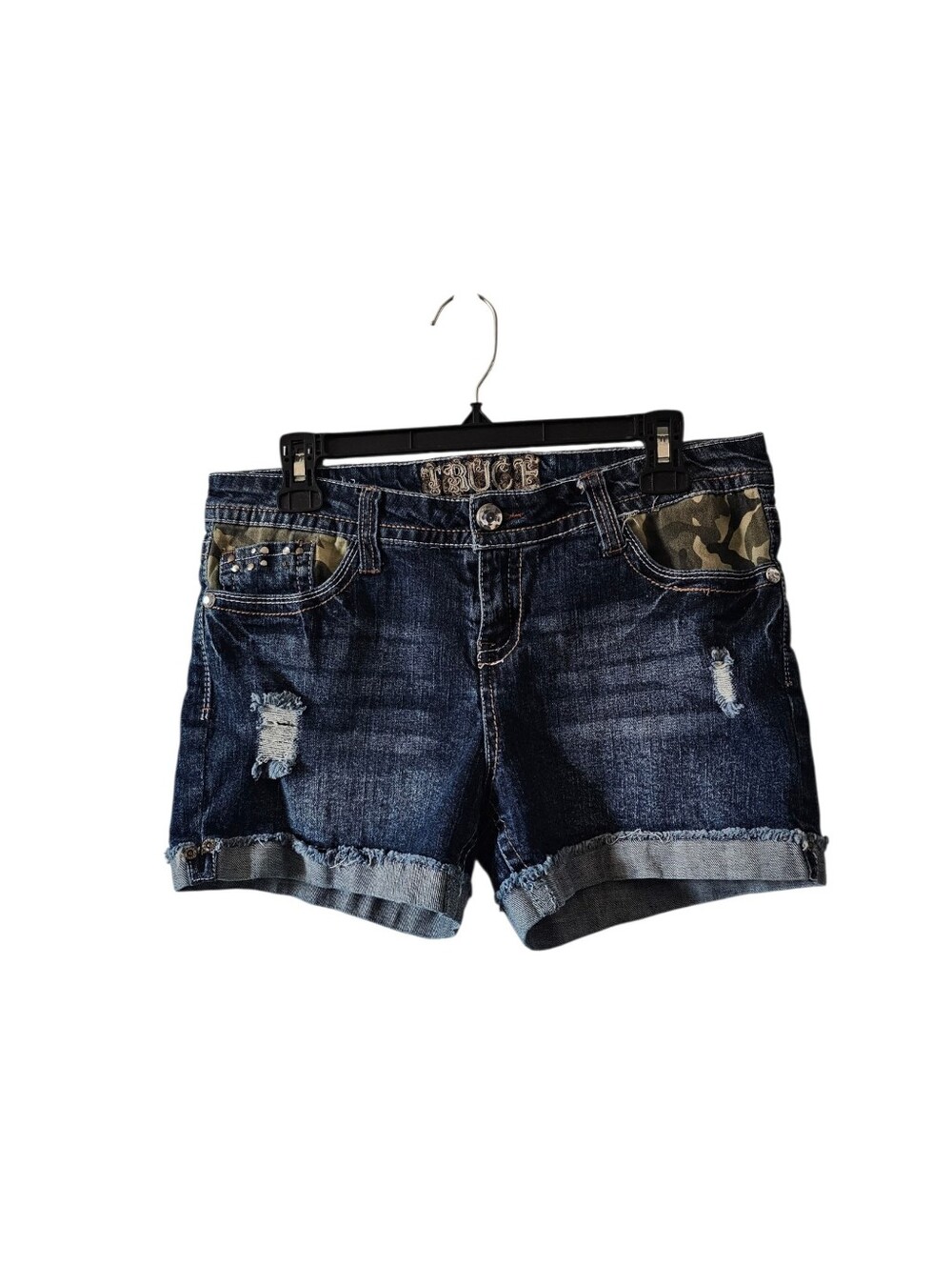 Truce Vintage Y2K Jean Shorts 13 Cuffed Distressed Bling Camo Pocket McBling